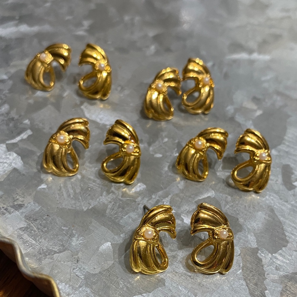 Vintage American Jewelry Company Gold Floral Loop Earrings with Pearl Accent